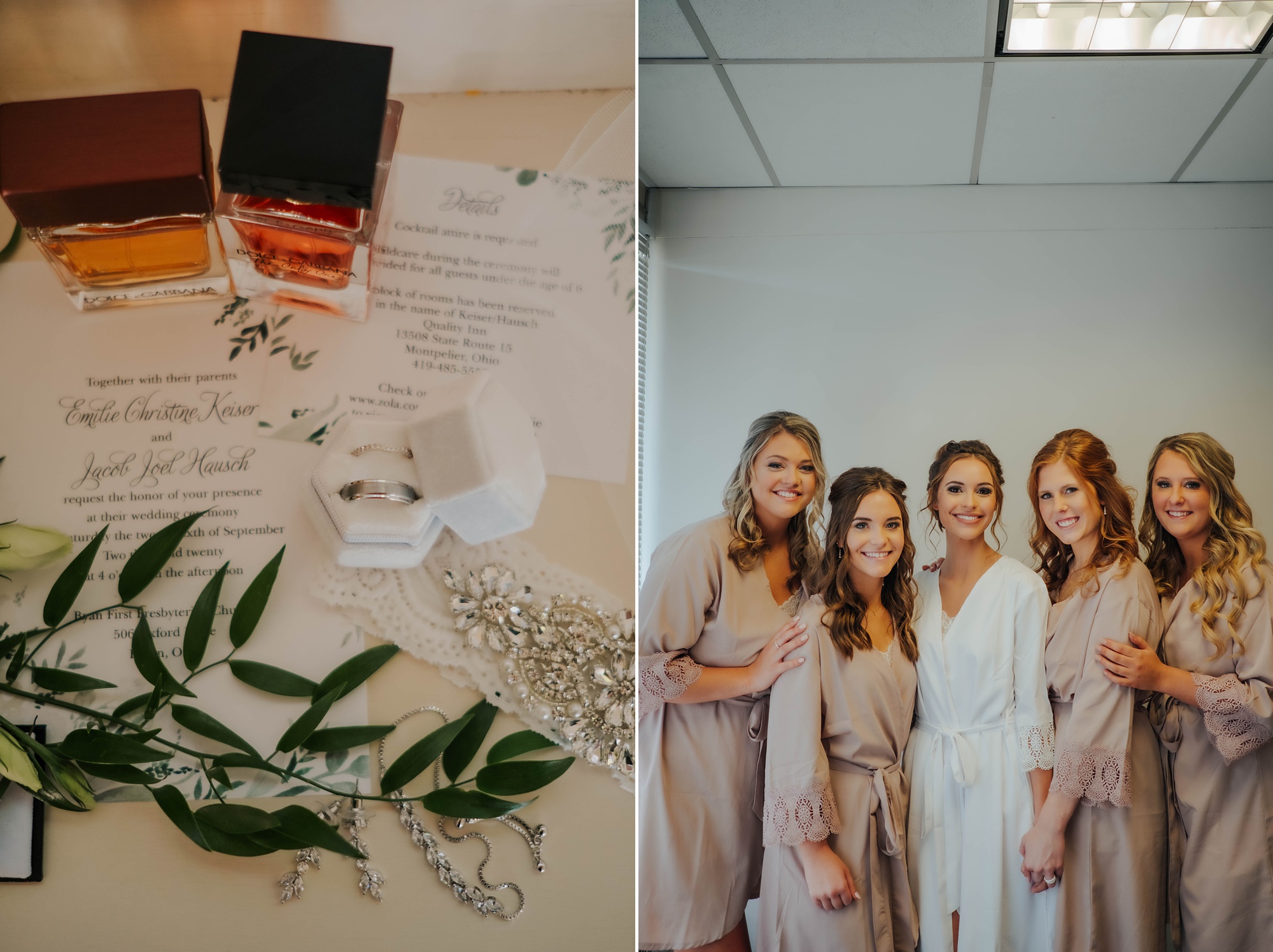 bride prepares for fall wedding day with bridesmaids