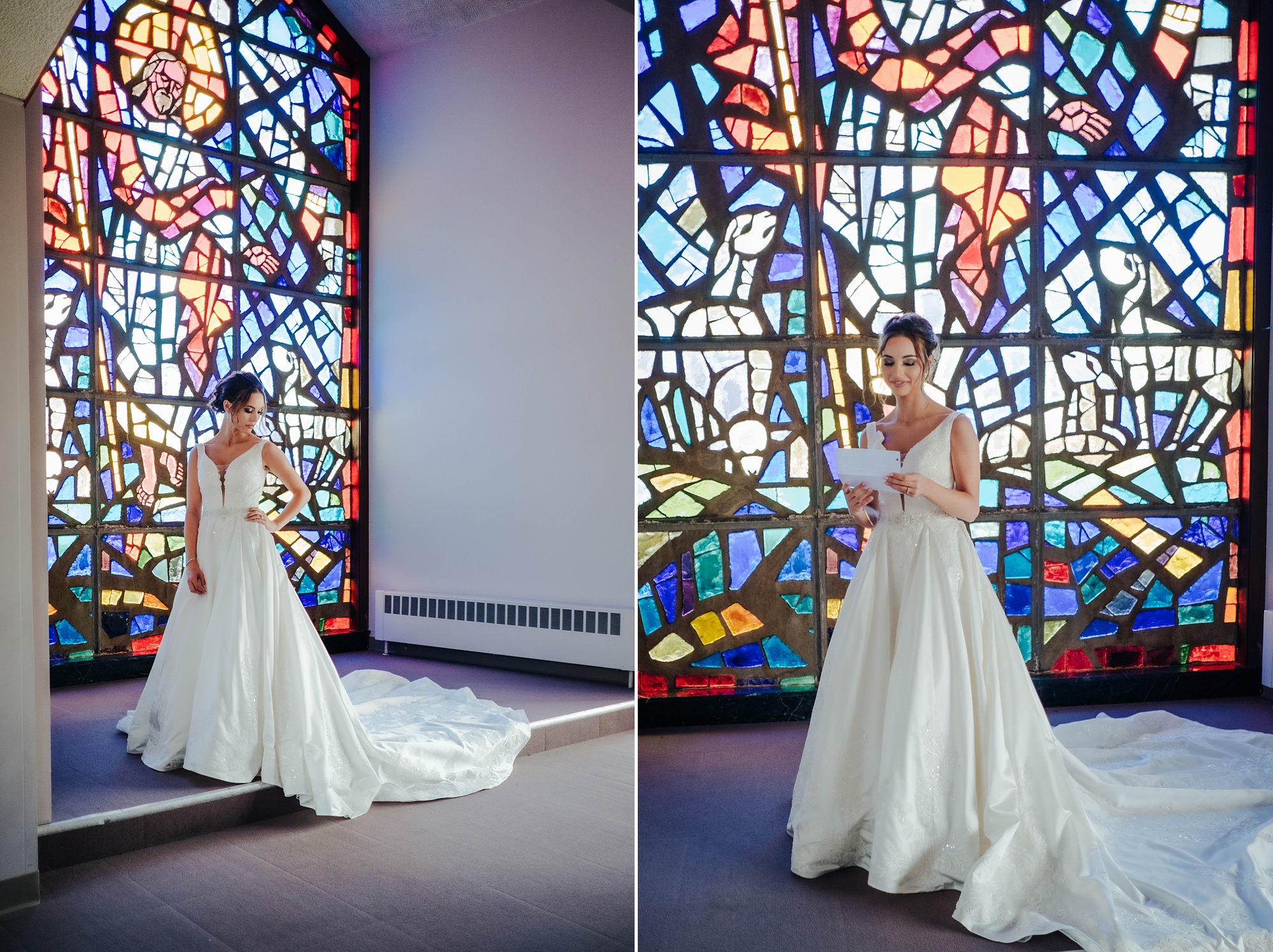bride poses by stained glass window in Ohio church