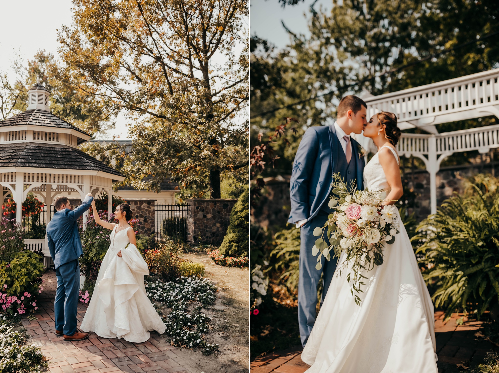 bride and groom kiss in Ohio garden