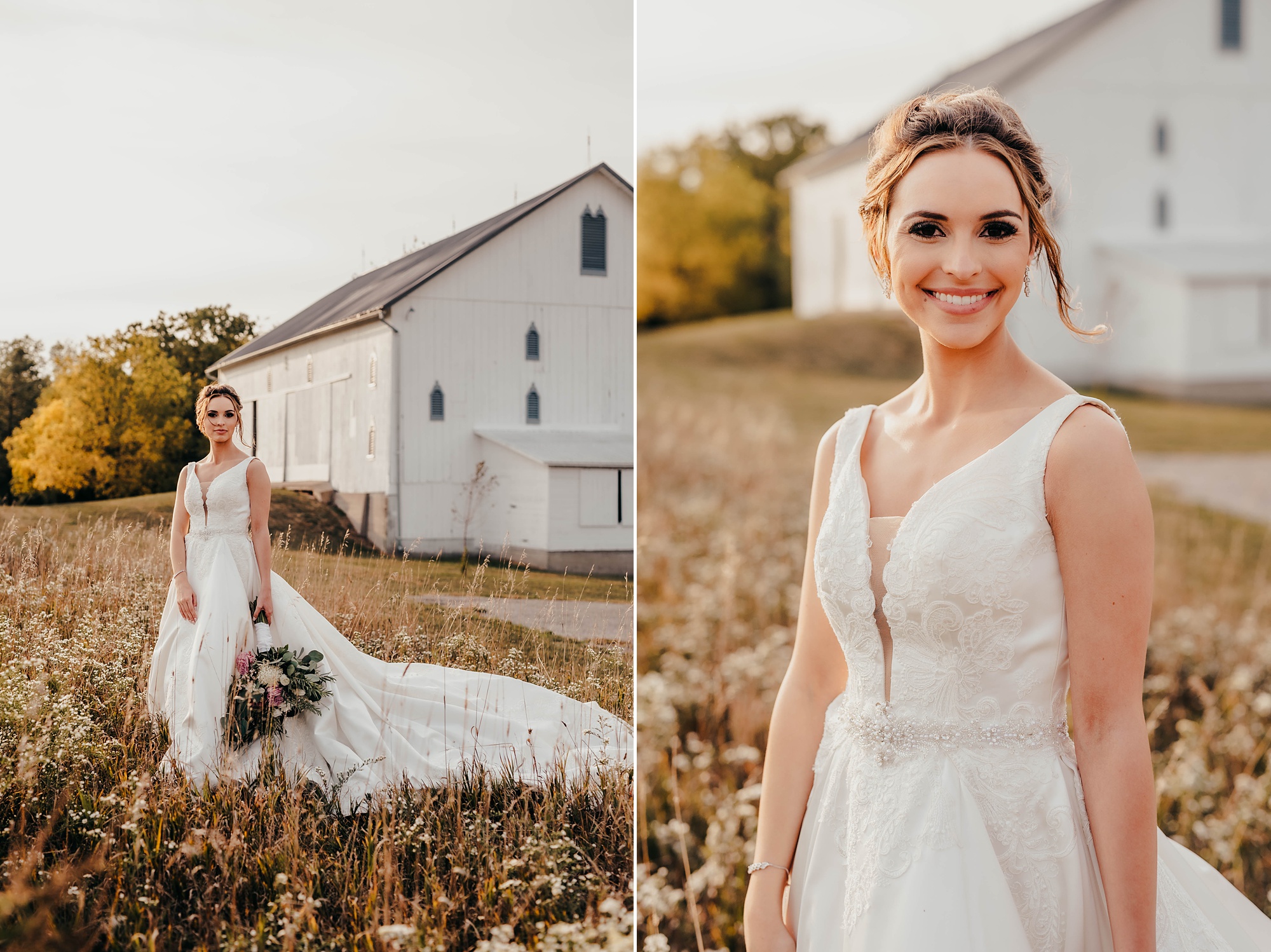 elegant fall bridal portraits in field by barn